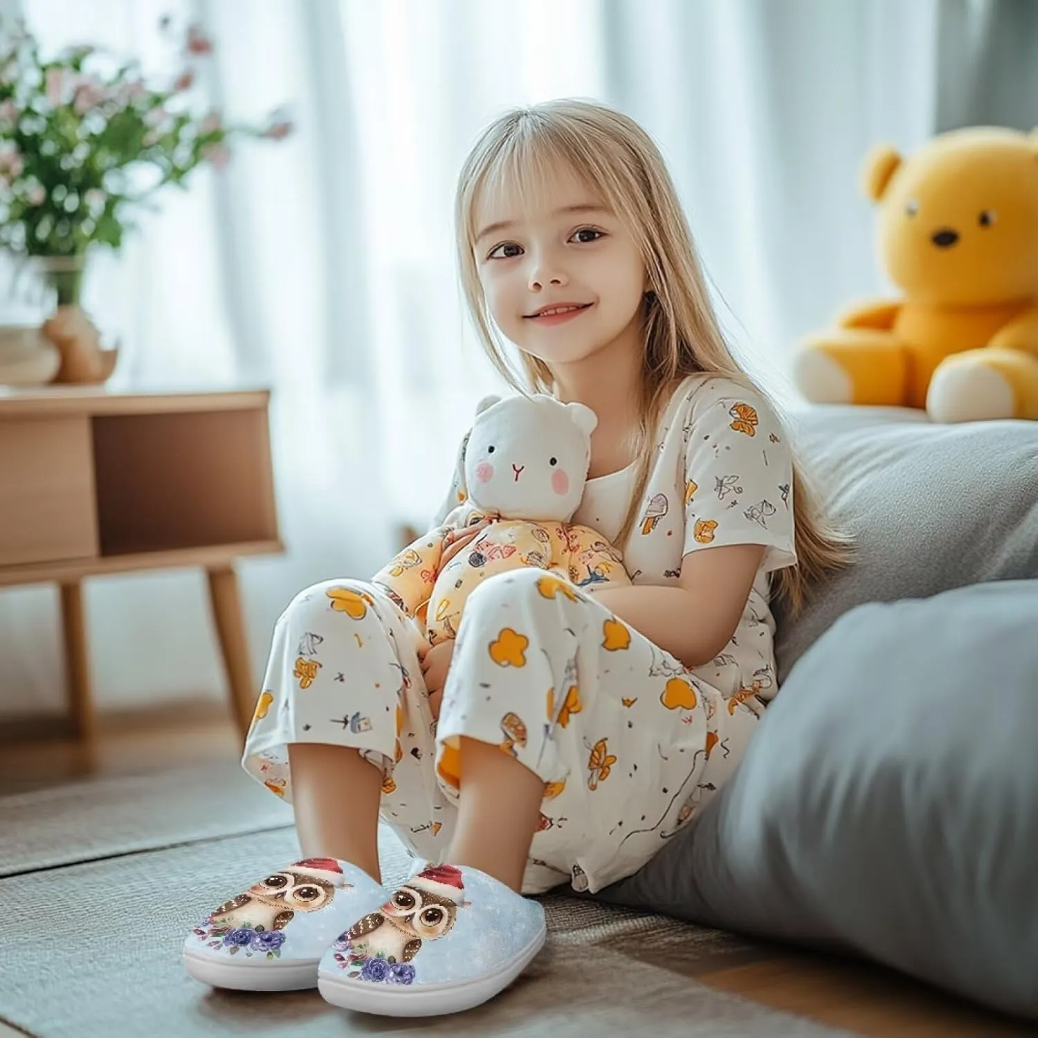 House Slippers for Kids Girls Fuzzy Christmas House Slippers Winter House Shoes-White