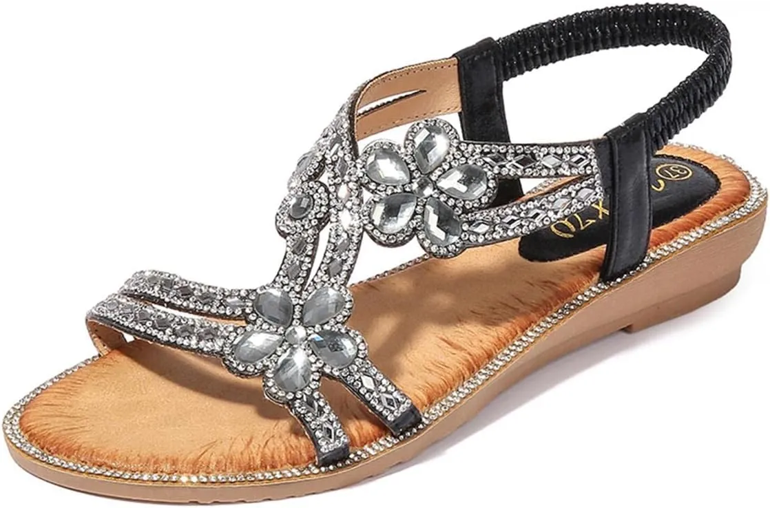 ICEGIA Women's Flat Sandals Summer Beach Sandal T-Strap Rhinestone Beaded Bohemia Shoes