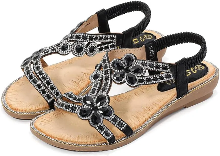 ICEGIA Women's Flat Sandals Summer Beach Sandal T-Strap Rhinestone Beaded Bohemia Shoes