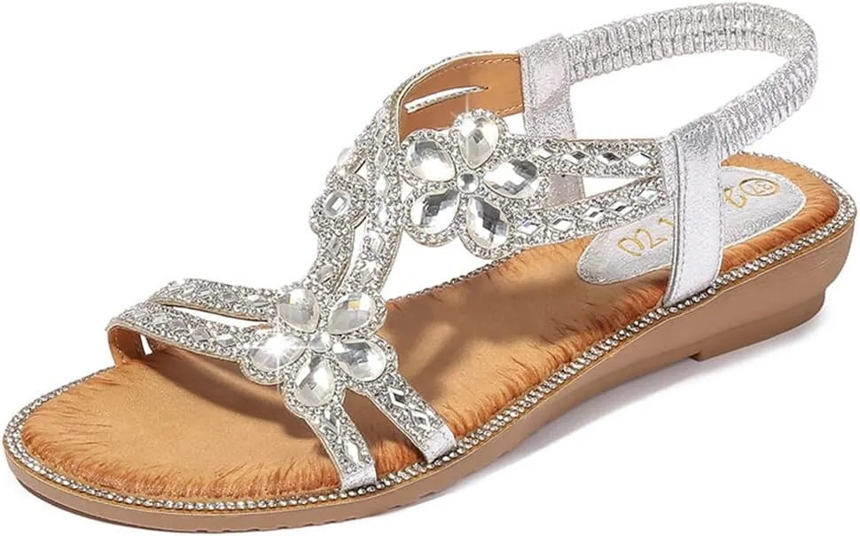 ICEGIA Women's Flat Sandals Summer Beach Sandal T-Strap Rhinestone Beaded Bohemia Shoes