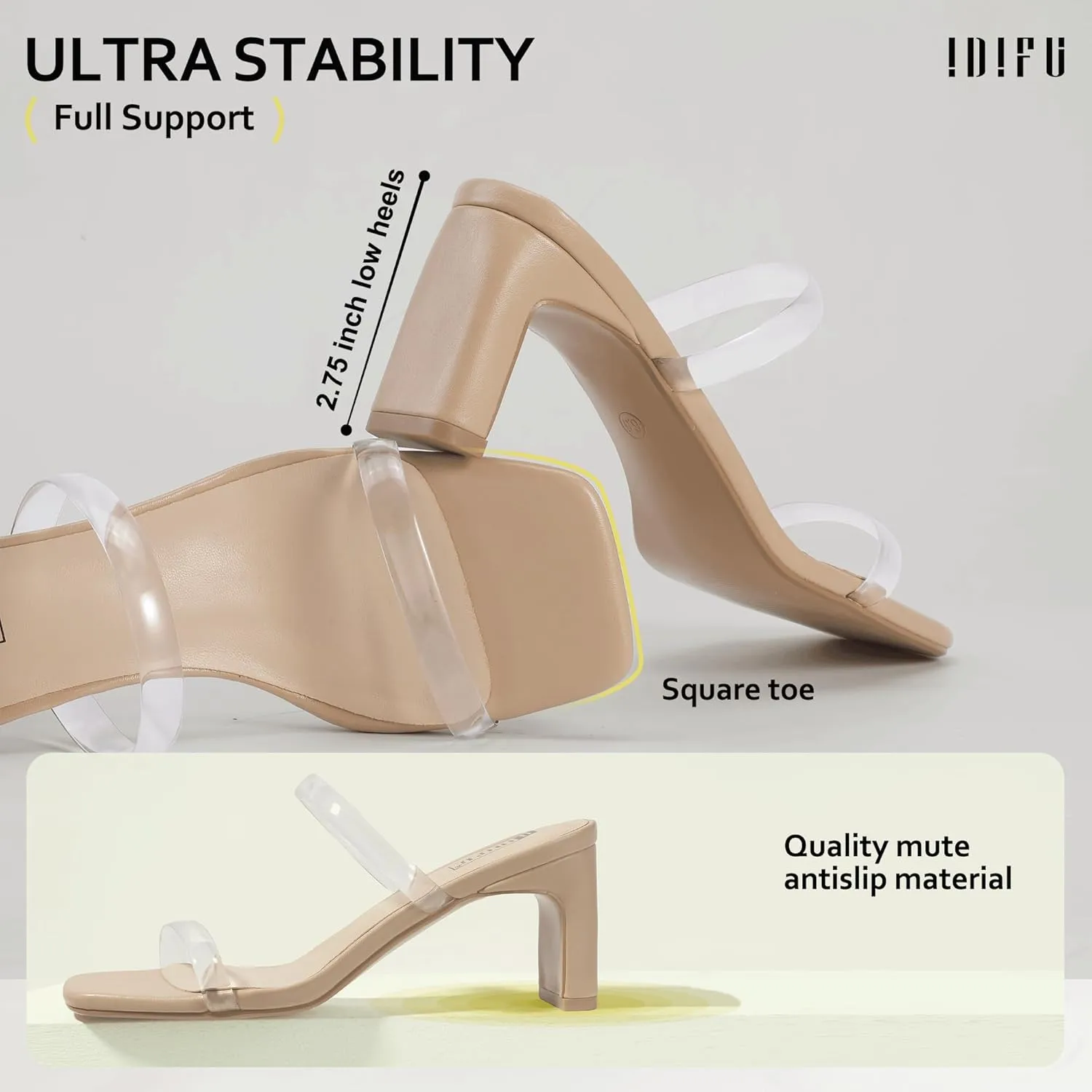 IDIFU IN3 Chunky Heels For Women Low Block Square Open Toe Heels Two Strap Slip On Comfortable Slides Heeled Sandals Sexy Wedding Prom Party Dress Shoes Cute Mule Short Heels