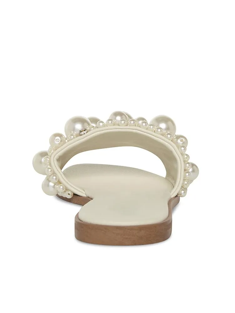 Ivory Rhinestone Pearl Single Wide Band Round Flats Slippers Sandals