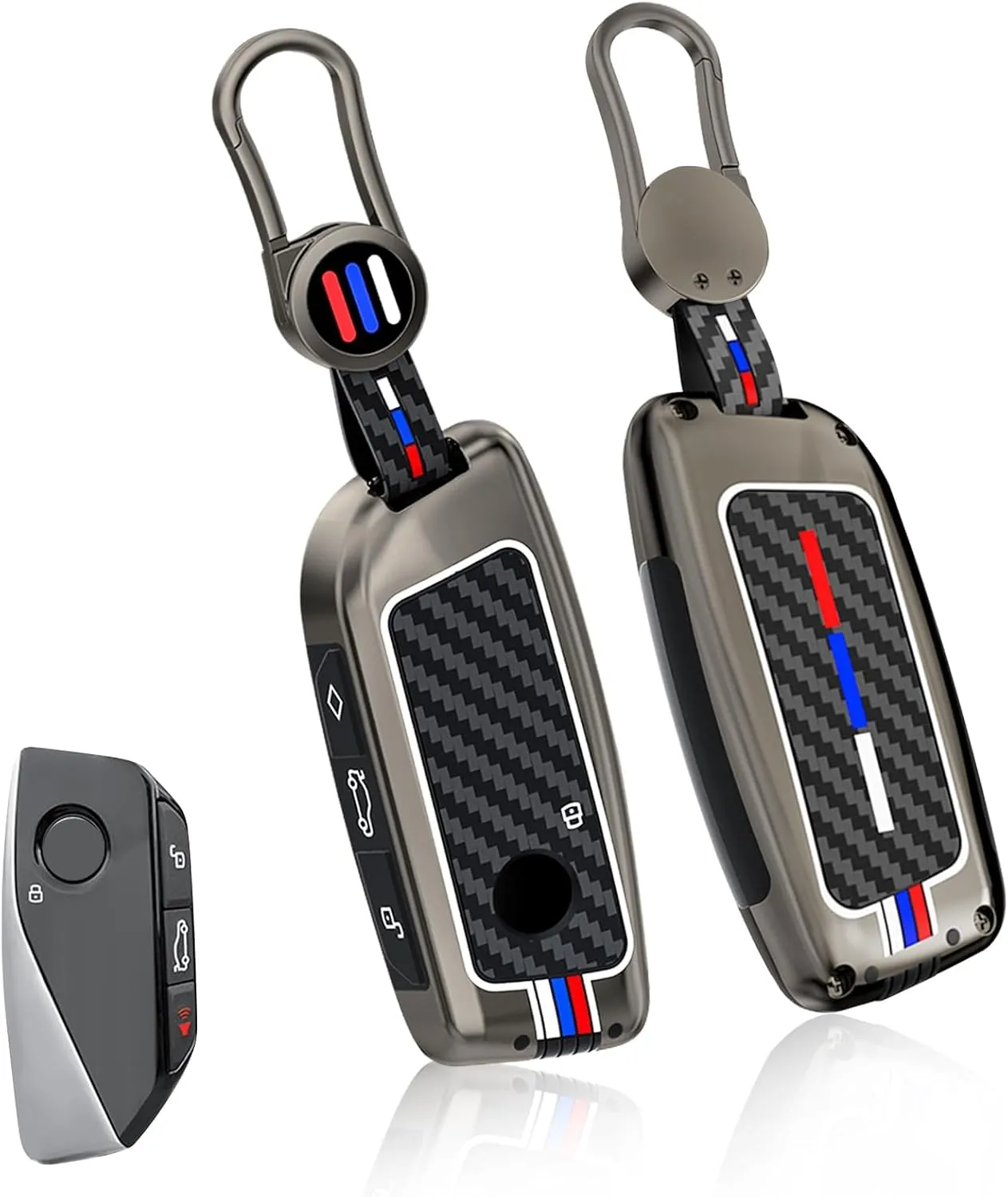 Jaronx Compatible with BMW Key Fob Cover X5 X6 2025/ 2 3 5 7 X1 X7 iX i7 XM 2023-2025, Metal Keys Holder with Carbon Fiber Pattern Silicone Rubber Remote for BMW Accessories(1 Set)