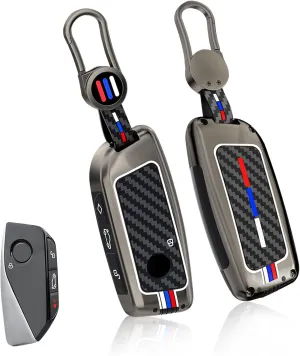 Jaronx Compatible with BMW Key Fob Cover X5 X6 2025/ 2 3 5 7 X1 X7 iX i7 XM 2023-2025, Metal Keys Holder with Carbon Fiber Pattern Silicone Rubber Remote for BMW Accessories(1 Set)