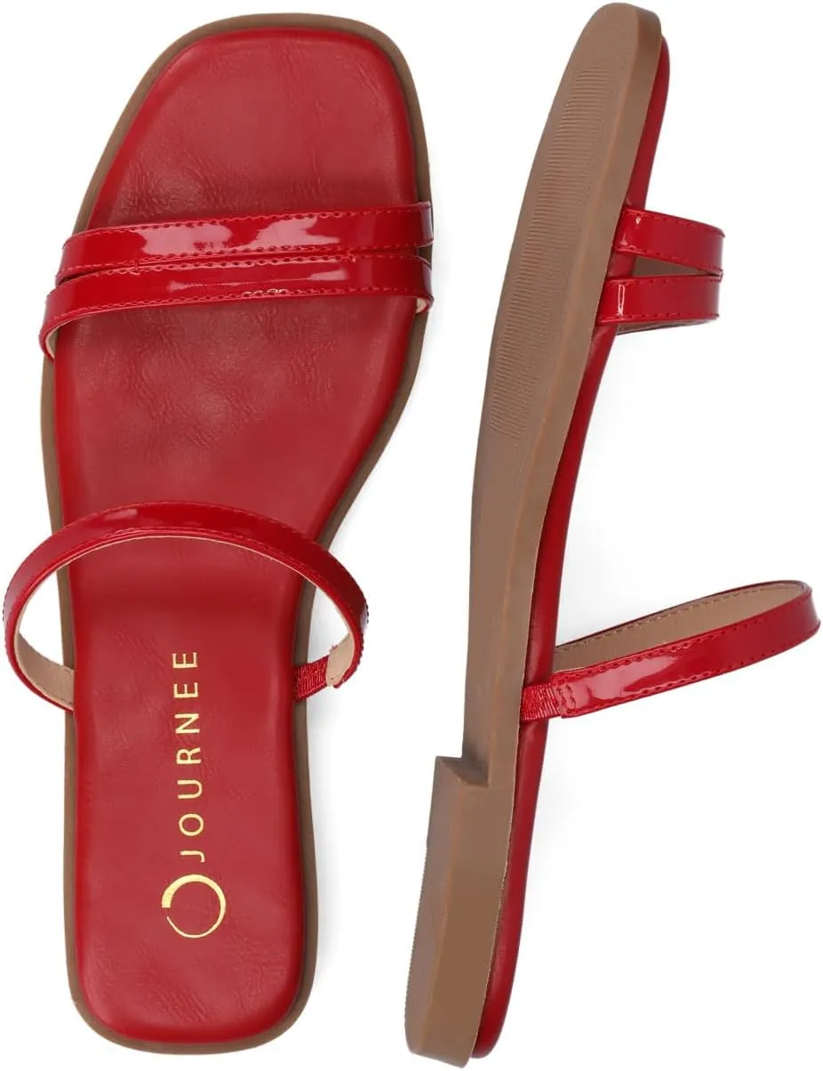 Journee Collection Womens Brisa Slip On Flat Sandals Multi Strap Cushioned Open Square Toe Spring Summer Shoe
