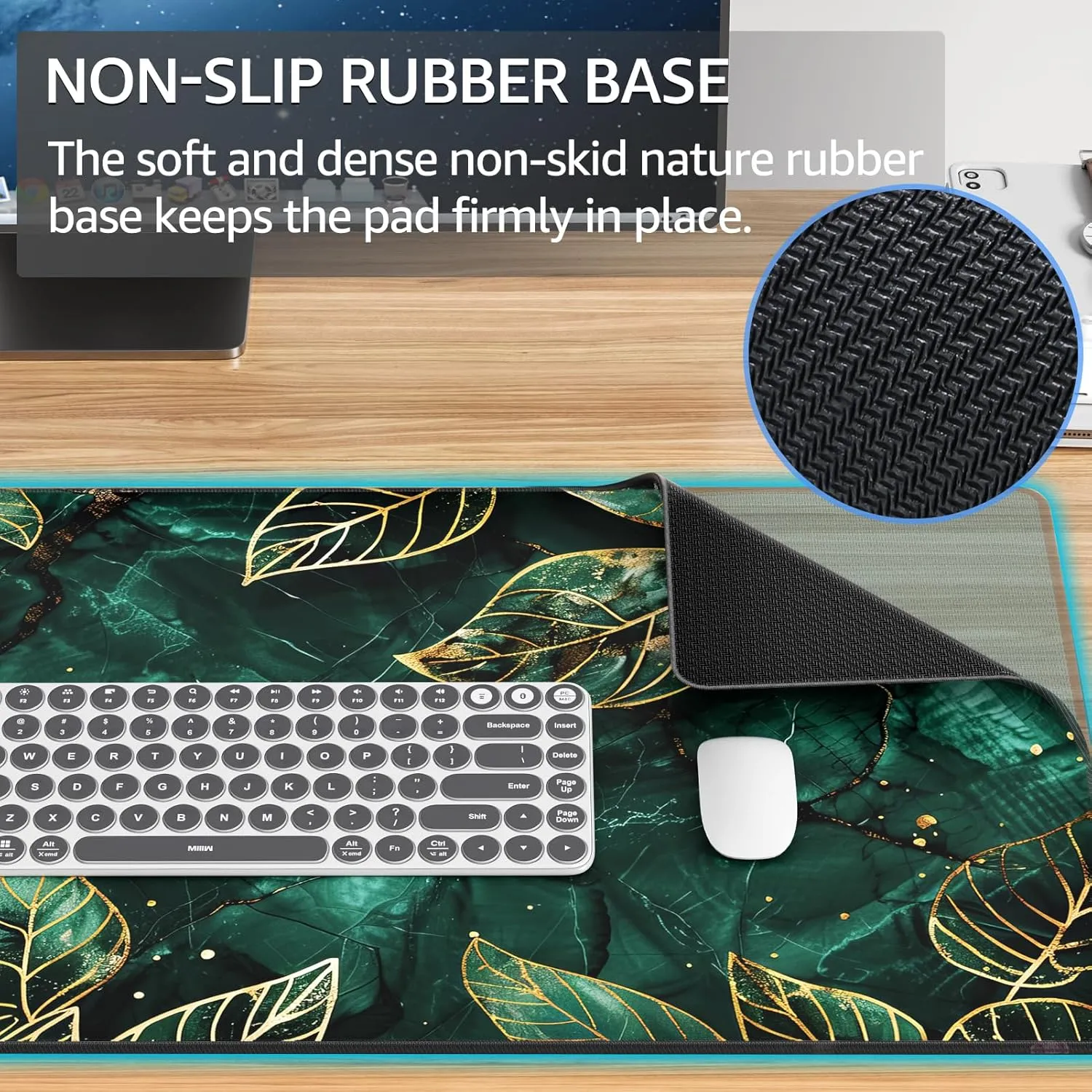 KTRIO Large Gaming Mouse Pad with Superior Micro-Weave Cloth, Extended Mousepad with Stitched Edges, Non-Slip Base, Water Resist Keyboard Pad for Gamer, Office & Home, Green Leaves