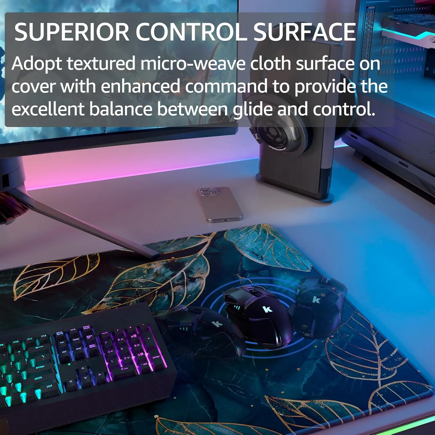 KTRIO Large Gaming Mouse Pad with Superior Micro-Weave Cloth, Extended Mousepad with Stitched Edges, Non-Slip Base, Water Resist Keyboard Pad for Gamer, Office & Home, Green Leaves