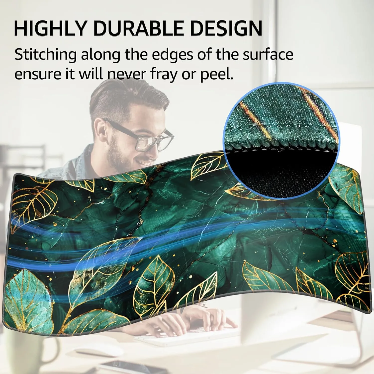 KTRIO Large Gaming Mouse Pad with Superior Micro-Weave Cloth, Extended Mousepad with Stitched Edges, Non-Slip Base, Water Resist Keyboard Pad for Gamer, Office & Home, Green Leaves