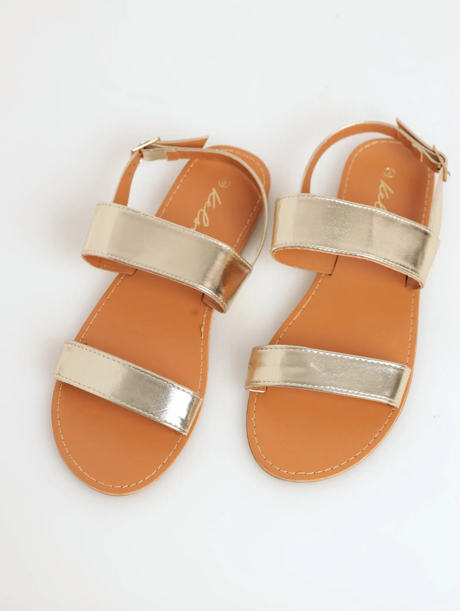 Ladies Double Strap Slingback Flat Sandal - Gold