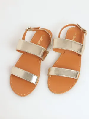 Ladies Double Strap Slingback Flat Sandal - Gold