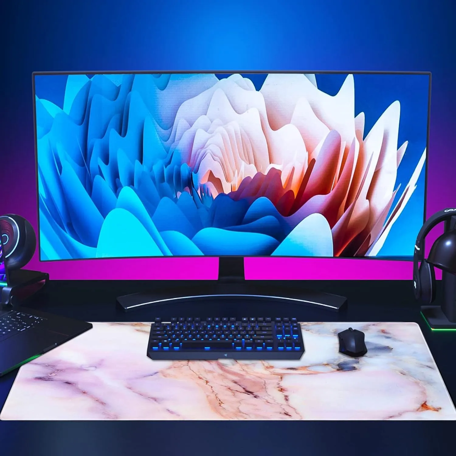 Large Gaming XXL Mouse Pad, Oversized Extended Mat Desk Pad Keyboard Pad (31.5"x11.8"x0.15") Thick Non-Slip Rubber Stitched Edges(Marble) (Marble Texture)