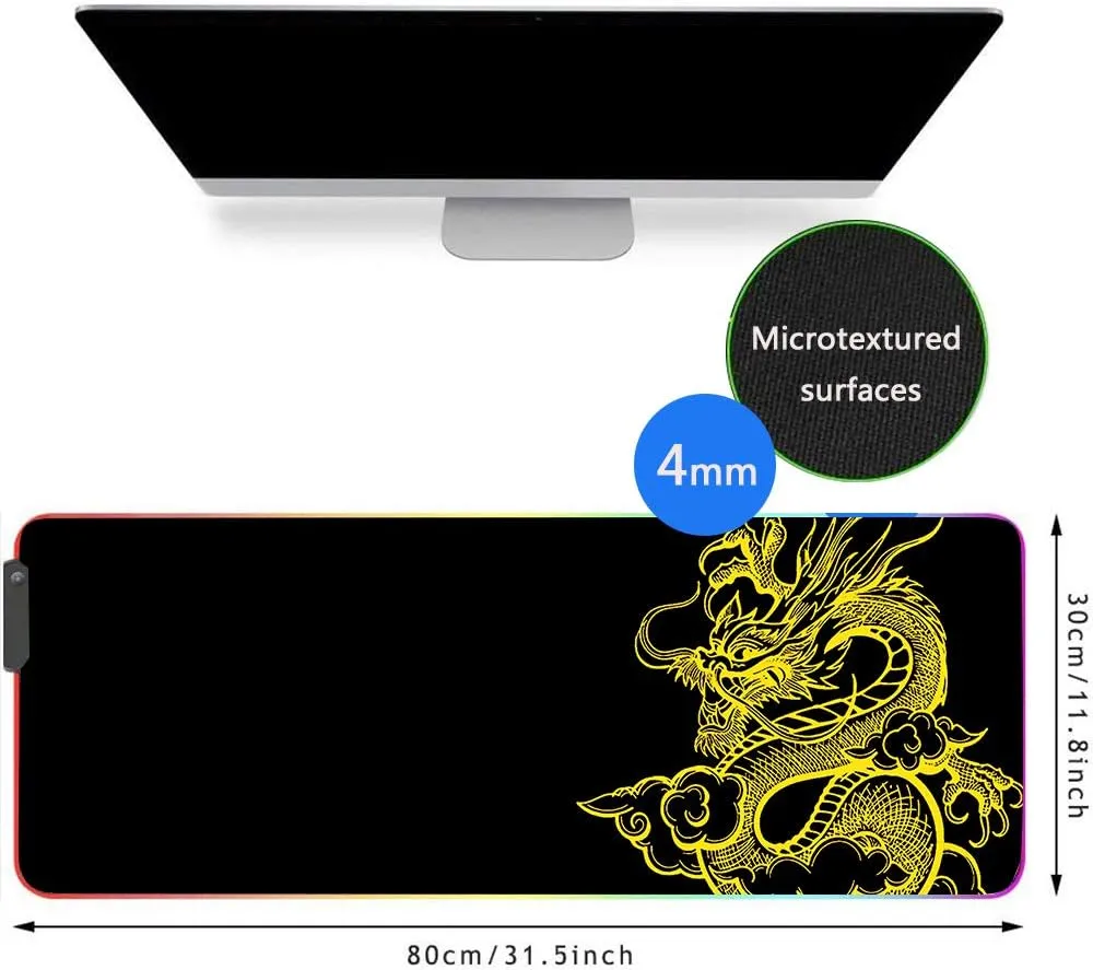 Large RGB Gaming XXL Mouse Pad with Stitched Edge 31.5"x11.8"x0.15" Dragon Mouse Mat Customized Extended Glowing Led Gaming Mouse Pad Anti-Slip Rubber Base Ergonomic Mouse Pad for Computer