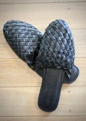 Leather Woven Mules - Black
