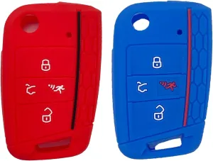 LemSa 2Pack Rubber Silicone Flip Key Fob Case Cover Protector Holder for 2020 2019 2018 2017 VW Golf Alltrack Sportwagen GTI Tiguan Atlas Polo Skoda Octavia, Red Blue