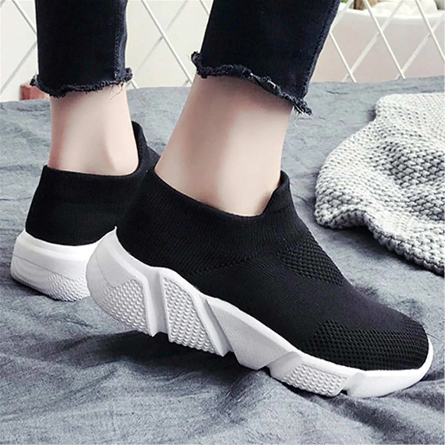 LLTMALL Women's Knit Loafer Sneakers Mesh Breathable Slip on Tennis Walking Sock Shoes