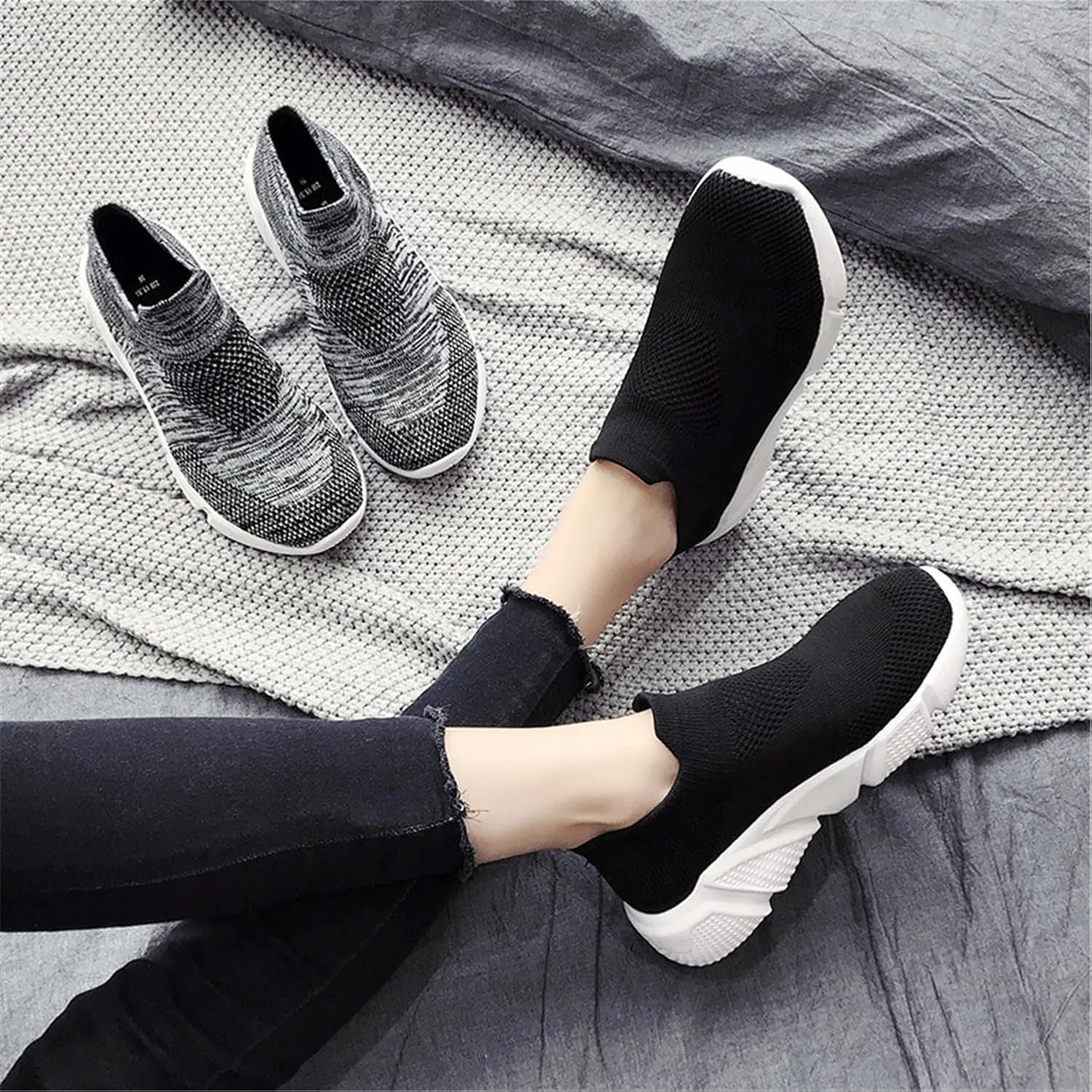 LLTMALL Women's Knit Loafer Sneakers Mesh Breathable Slip on Tennis Walking Sock Shoes