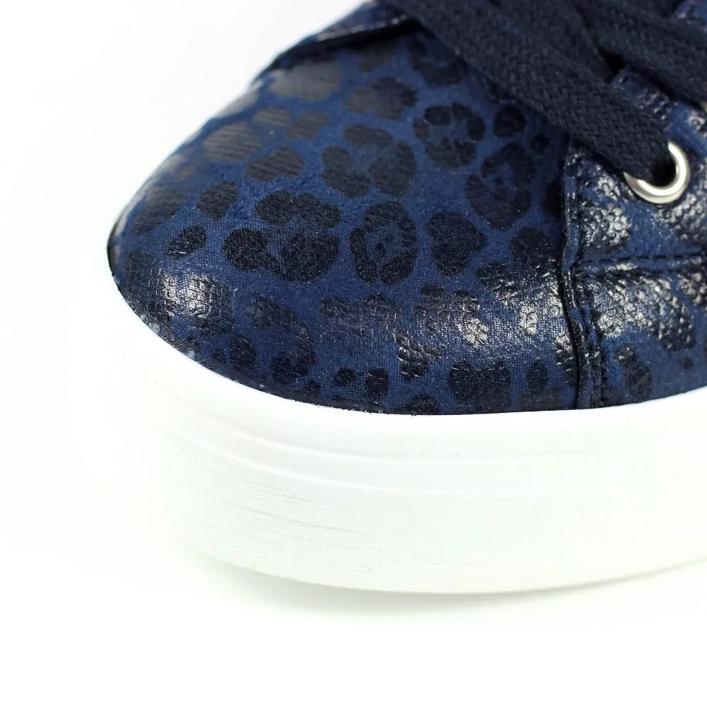 Lunar Charm Women's Low Profile Platform Sole Trainer Navy Leopard Print