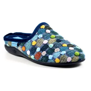 Lunar Crackle Women's Padded Insole Patterned Mule Slipper Pom Pom Effect MACHINE WASHABLE Blue
