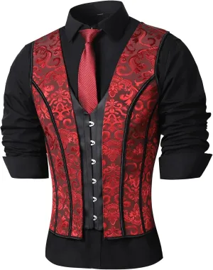 Mens Corset Vest Wasit Trainer Red Print Medieval Waistcoat Lace Up Bones Formal Tops Wedding Stage
