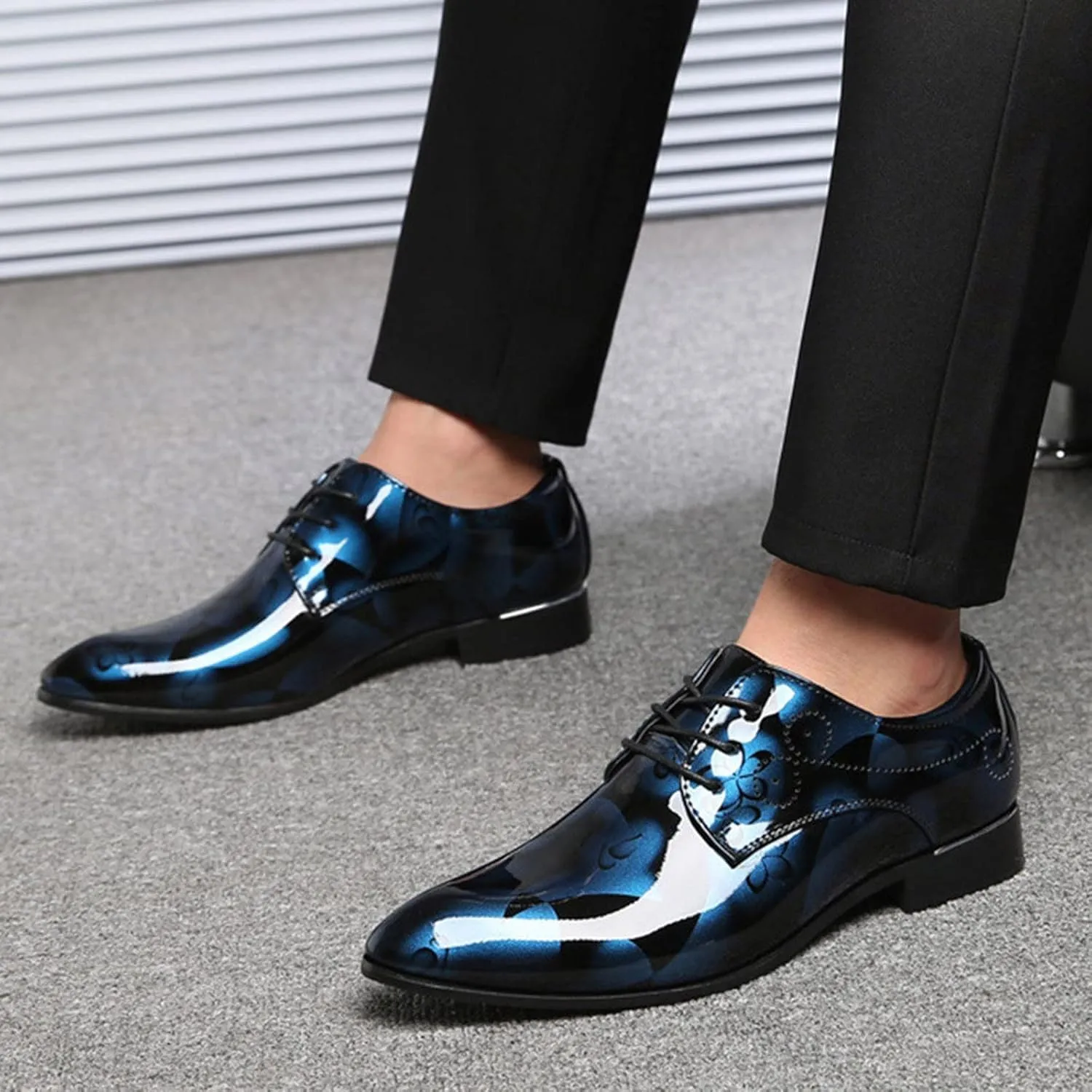 Mens Moccasins Shoes Leather Classical Style Shoes for Men Slip On PU Leather Low Rubber Sole Block Heel Work Leather Boxing Shoes for Men (Blue, 13.5)