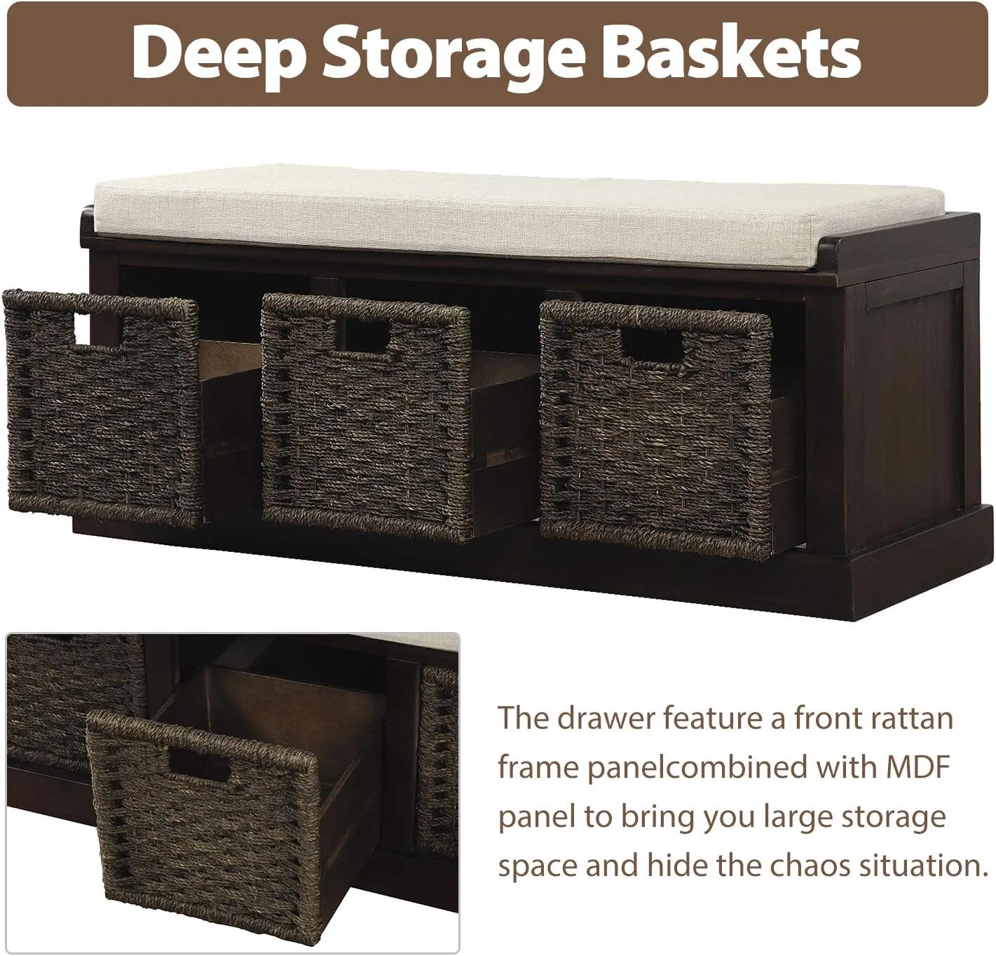 Merax Storage Bench Entryway Storage Bench with 3 Removable Basket, Shoe Bench Fully Assemble Storage Bench with Removable Cushion for Entryway, Hallway,Living Room(Espresso)