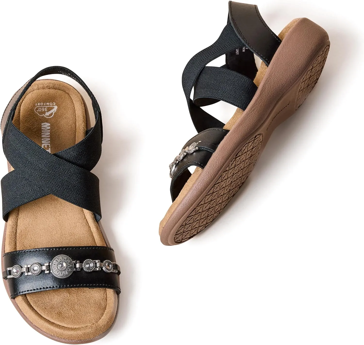 Minnetonka Brenn - Double Band Slide Sandals for Women Handcrafted with Classic Slip-On Silhouette Design, Padded Rubber Soles, and Metal Accents and Ornaments