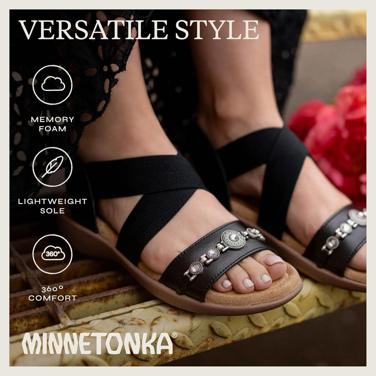 Minnetonka Brenn - Double Band Slide Sandals for Women Handcrafted with Classic Slip-On Silhouette Design, Padded Rubber Soles, and Metal Accents and Ornaments