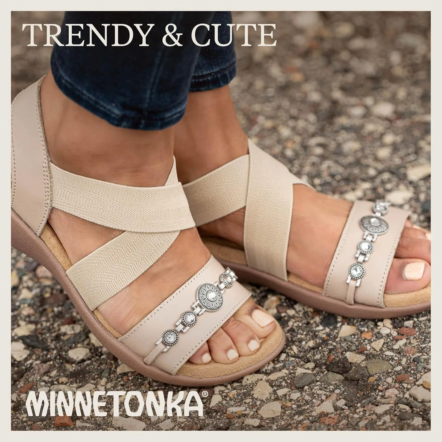 Minnetonka Brenn - Double Band Slide Sandals for Women Handcrafted with Classic Slip-On Silhouette Design, Padded Rubber Soles, and Metal Accents and Ornaments