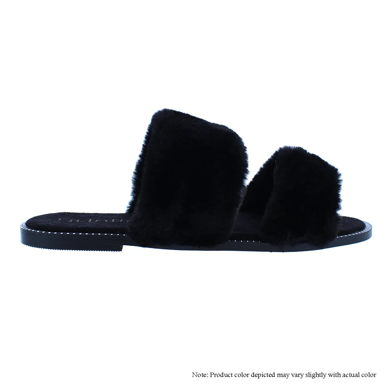 MINXX-1 FAUX FUR STRAP FLAT SANDAL WITH STUDDED EDGE - BLACK