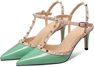 MIRAAZZURRA Women Heeled Sandals Rivet Studded T-Strap Wedding Shoes Stiletto High Heels Pointed Toe Slip On Bridal Pumps for Women