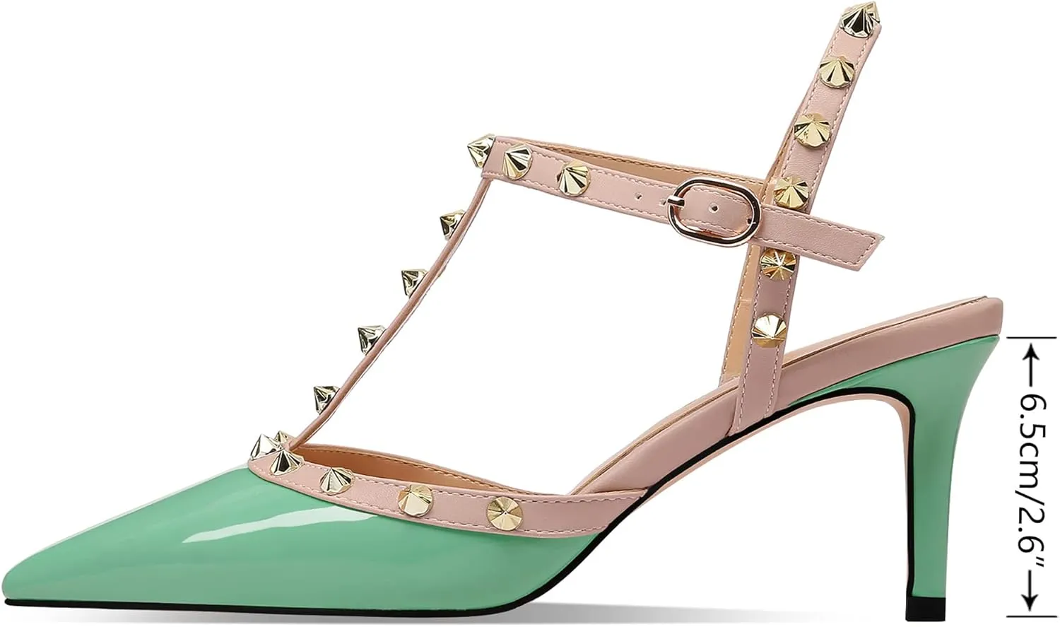 MIRAAZZURRA Women Heeled Sandals Rivet Studded T-Strap Wedding Shoes Stiletto High Heels Pointed Toe Slip On Bridal Pumps for Women