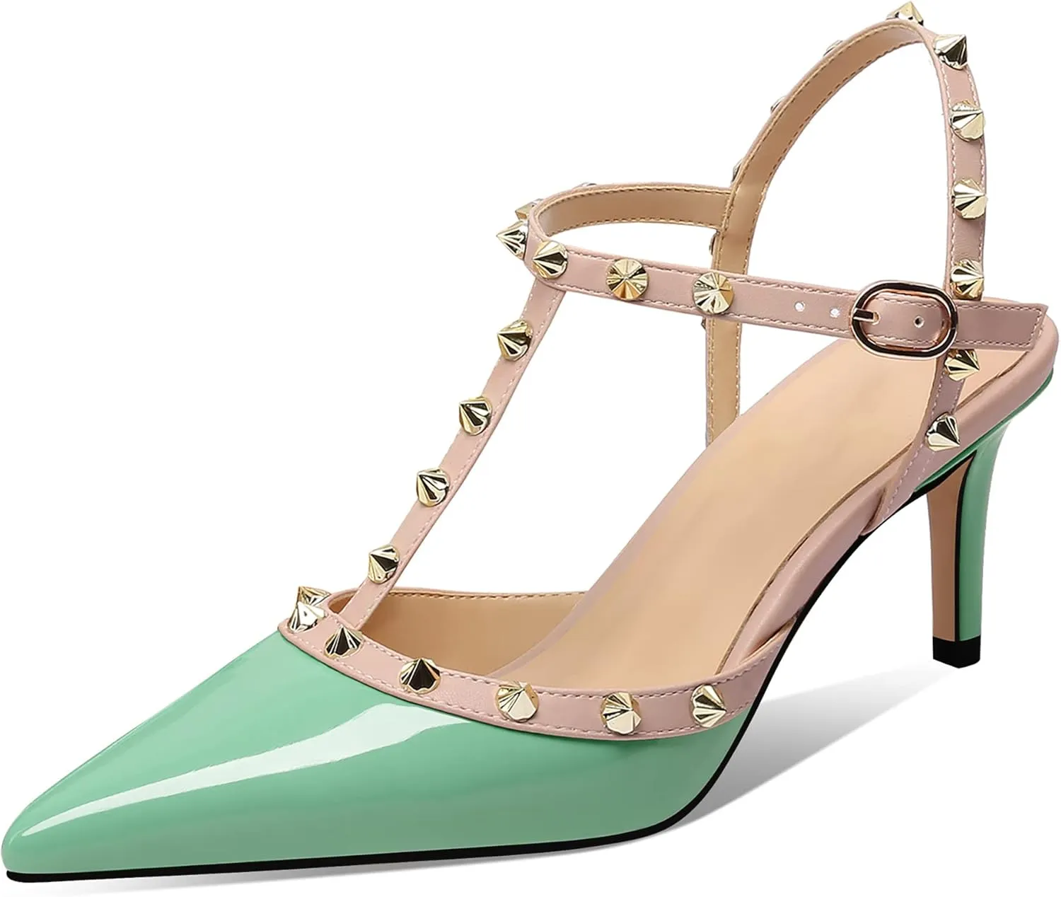 MIRAAZZURRA Women Heeled Sandals Rivet Studded T-Strap Wedding Shoes Stiletto High Heels Pointed Toe Slip On Bridal Pumps for Women