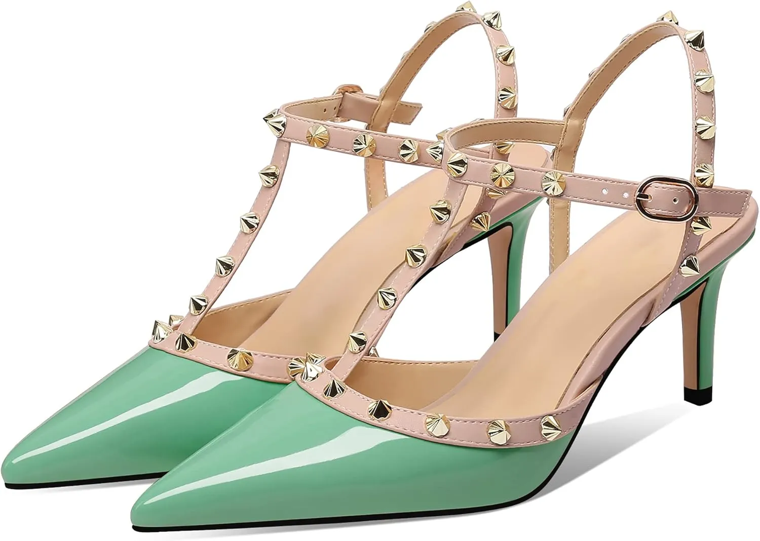 MIRAAZZURRA Women Heeled Sandals Rivet Studded T-Strap Wedding Shoes Stiletto High Heels Pointed Toe Slip On Bridal Pumps for Women