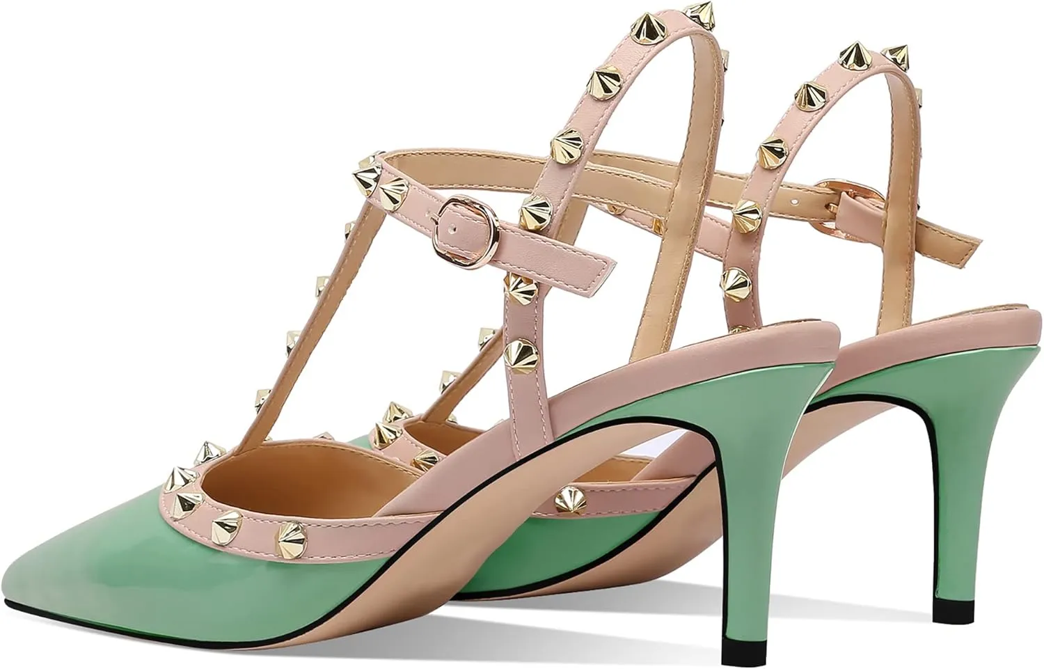MIRAAZZURRA Women Heeled Sandals Rivet Studded T-Strap Wedding Shoes Stiletto High Heels Pointed Toe Slip On Bridal Pumps for Women