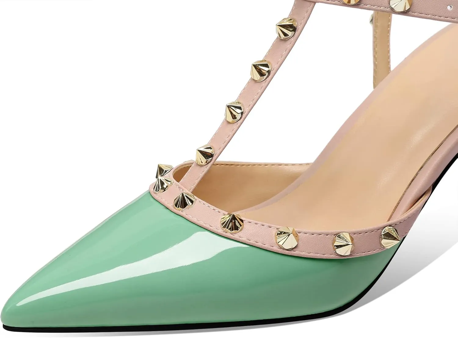 MIRAAZZURRA Women Heeled Sandals Rivet Studded T-Strap Wedding Shoes Stiletto High Heels Pointed Toe Slip On Bridal Pumps for Women