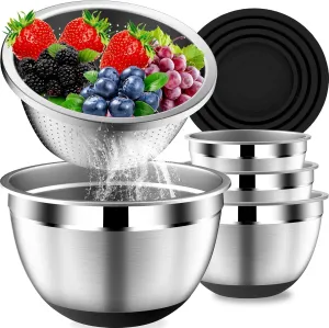 Mixing Bowls with Lids Set, Stainless Steel Mixing Bowls with Colander, Strainer with Mixing Bowl Set, Non-Slip Bottom, Kitchen Gadgets Bowl Christams Gift, Size 4, 2.5, 2, 1.5QT - Black