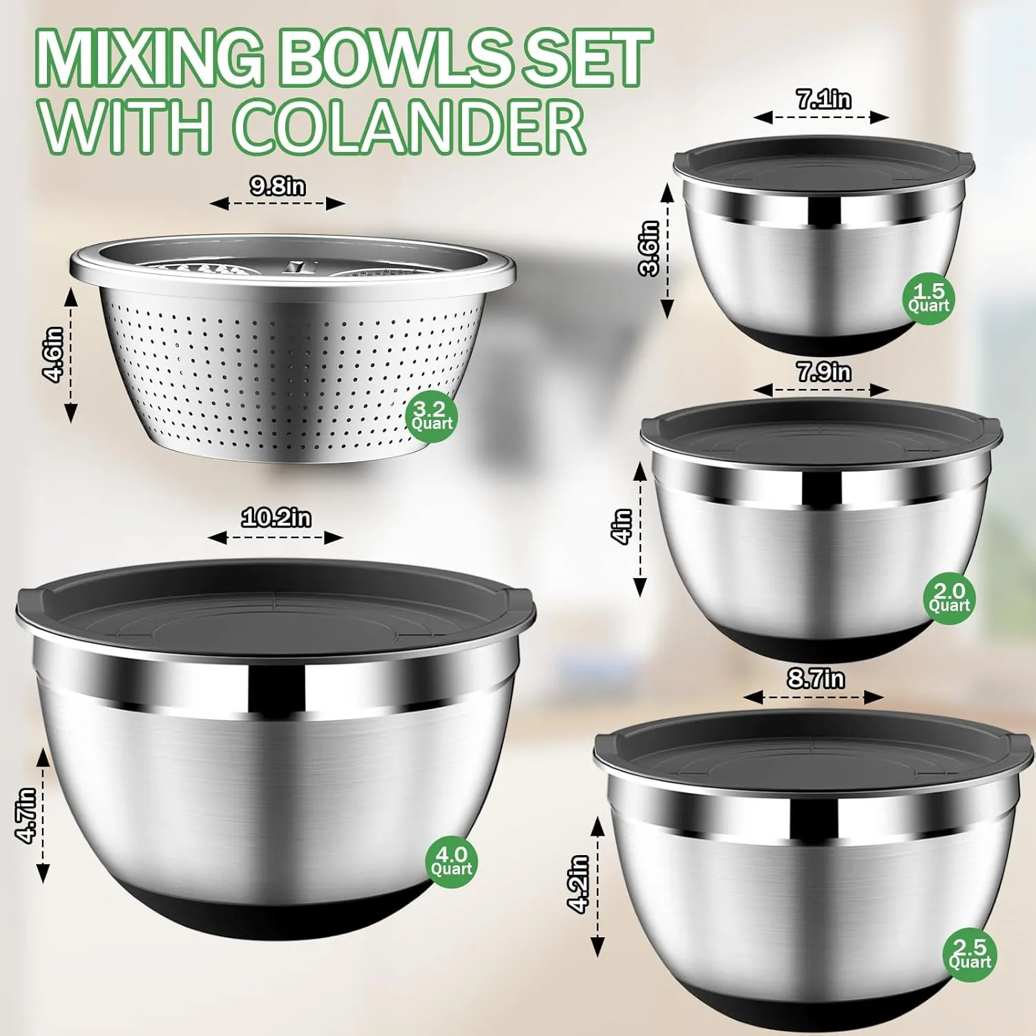 Mixing Bowls with Lids Set, Stainless Steel Mixing Bowls with Colander, Strainer with Mixing Bowl Set, Non-Slip Bottom, Kitchen Gadgets Bowl Christams Gift, Size 4, 2.5, 2, 1.5QT - Black