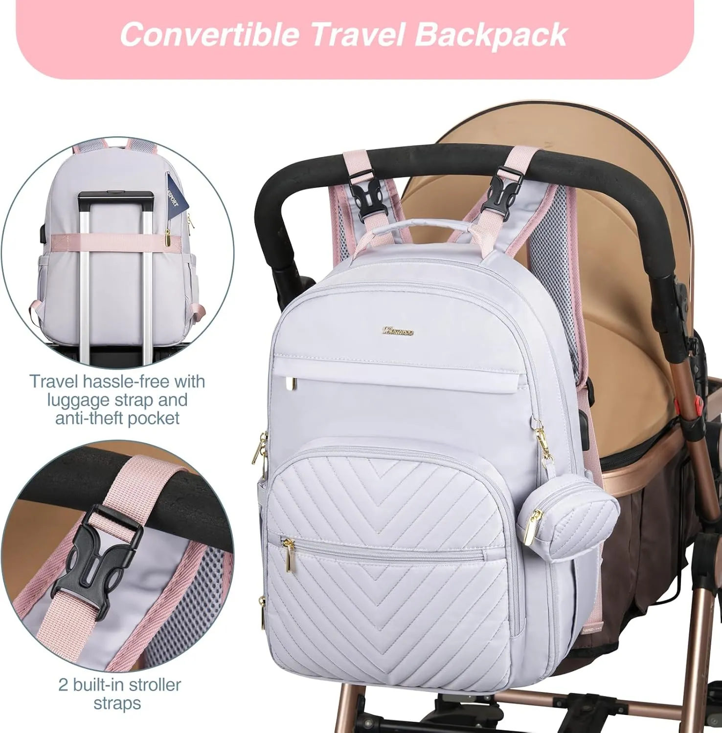 MOMUVO Diaper Bag Backpack, Quilted Baby Bag with Changing Pad and Stroller Straps and Pacifier Case, Multifunction Waterproof Travel Diaper Bags, Unisex, Light Purple