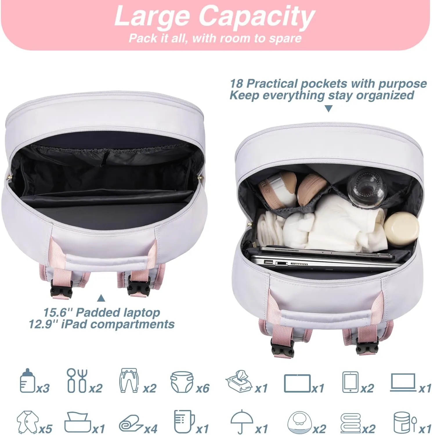 MOMUVO Diaper Bag Backpack, Quilted Baby Bag with Changing Pad and Stroller Straps and Pacifier Case, Multifunction Waterproof Travel Diaper Bags, Unisex, Light Purple