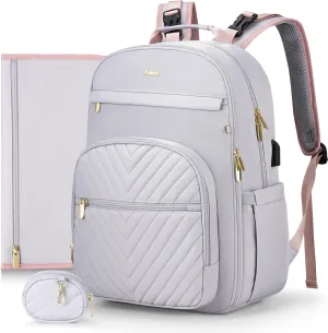 MOMUVO Diaper Bag Backpack, Quilted Baby Bag with Changing Pad and Stroller Straps and Pacifier Case, Multifunction Waterproof Travel Diaper Bags, Unisex, Light Purple