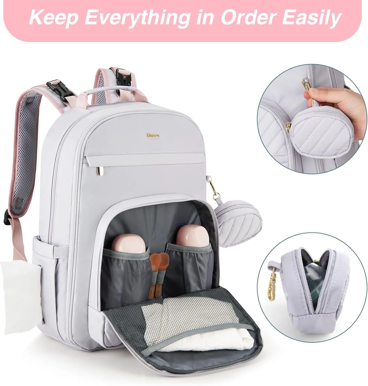 MOMUVO Diaper Bag Backpack, Quilted Baby Bag with Changing Pad and Stroller Straps and Pacifier Case, Multifunction Waterproof Travel Diaper Bags, Unisex, Light Purple