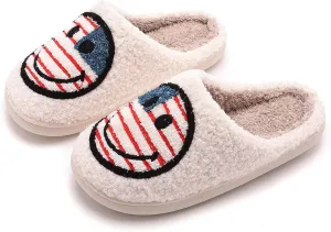 NEVEROLD Fun Happy Face Smile Emoticon Fluffy Sherpa Slip On House Slippers for Women and Men