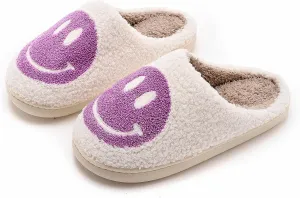 NEVEROLD Fun Happy Face Smile Emoticon Fluffy Sherpa Slip On House Slippers for Women and Men