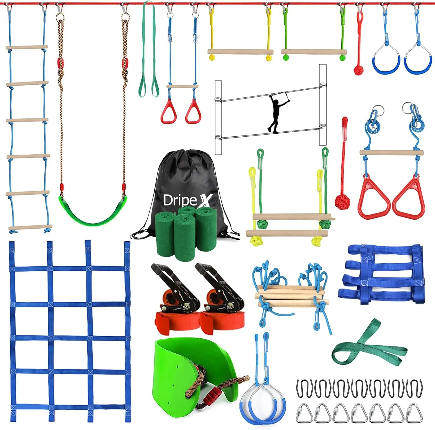 Ninja Warrior Obstacle Course for Kids Backyard - 2×65ft Slackline Kit with 10 Most Complete Accessories for Boys & Girls, Swing, Rope Ladder, Gymnastic Ring, Climbing Net, Arm Trainer and Monkey Fist