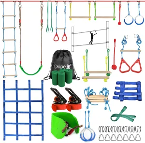 Ninja Warrior Obstacle Course for Kids Backyard - 2×65ft Slackline Kit with 10 Most Complete Accessories for Boys & Girls, Swing, Rope Ladder, Gymnastic Ring, Climbing Net, Arm Trainer and Monkey Fist