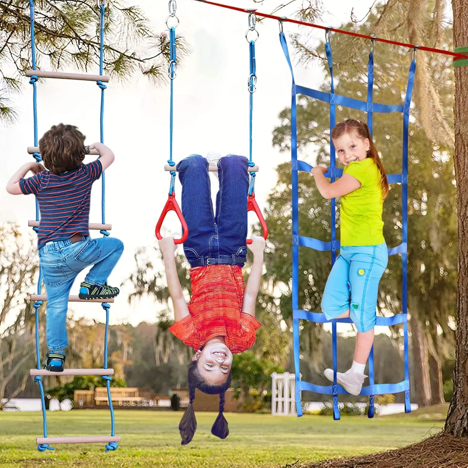Ninja Warrior Obstacle Course for Kids Backyard - 2×65ft Slackline Kit with 10 Most Complete Accessories for Boys & Girls, Swing, Rope Ladder, Gymnastic Ring, Climbing Net, Arm Trainer and Monkey Fist