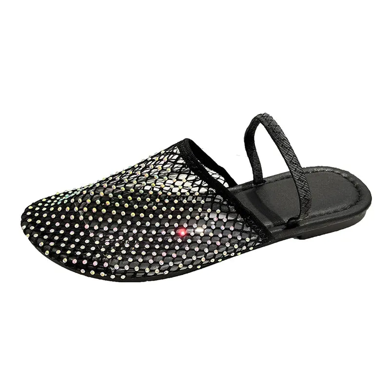Nude Color Fishnet Mule Slides Woman Luxury Rhinestone Mesh Flat Sandals Ladies Summer Casual Net Shoes Plus Size