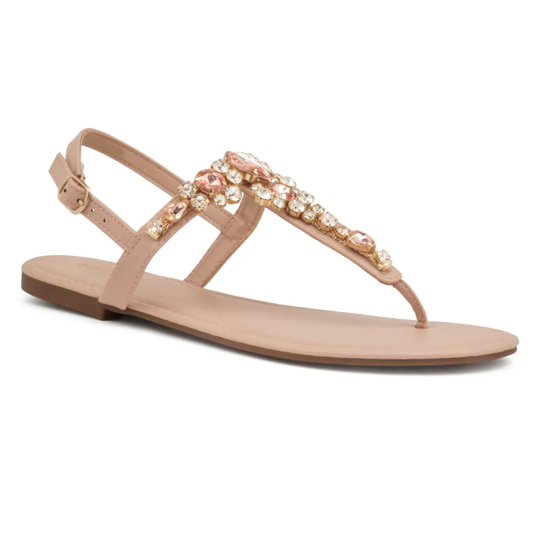 Nude Embellished T-strap Flat