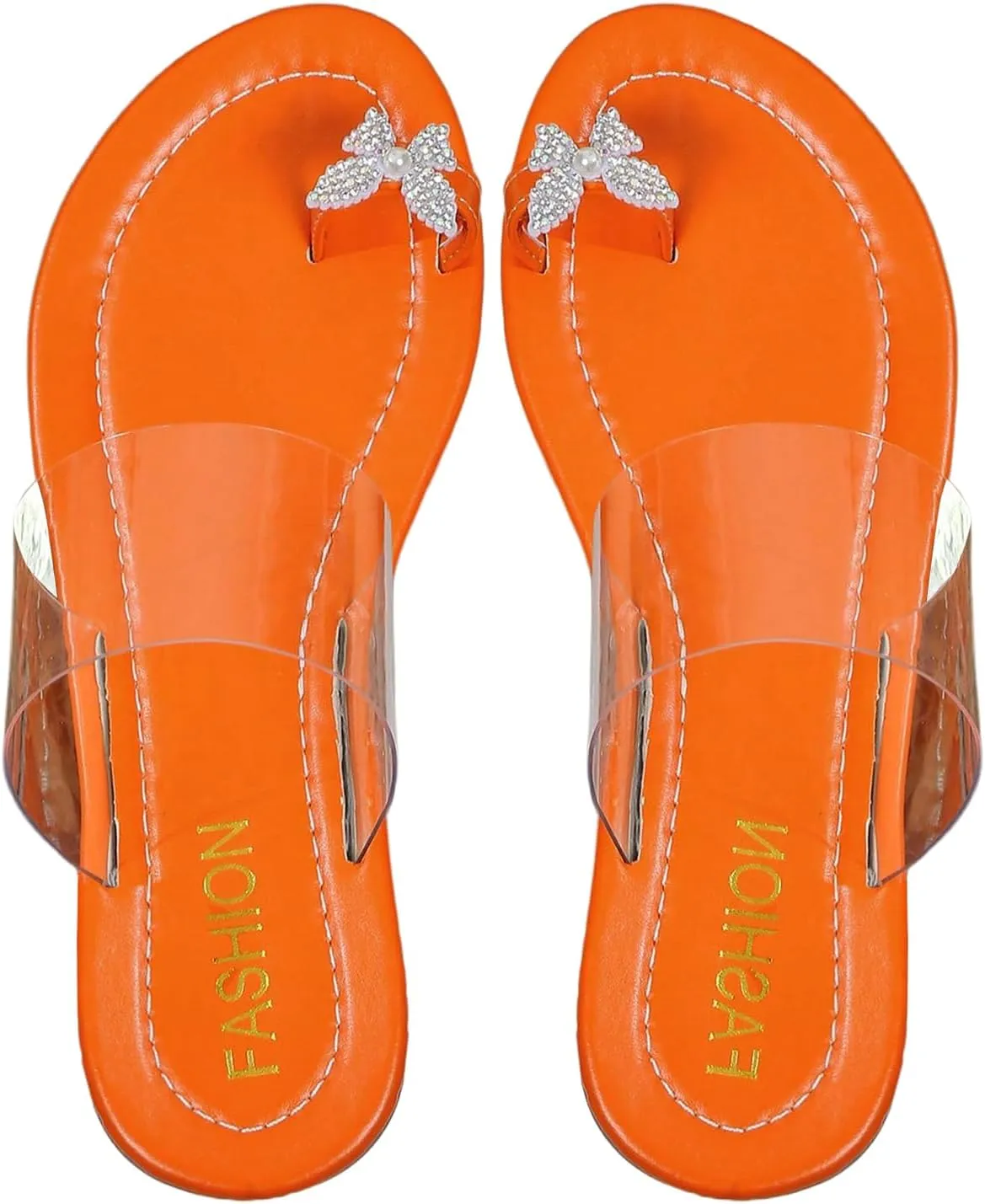 OYOANGLE Women's Bow Clear Flat Sandals Rhinestone PU Leather Open Toe Thong Slip on Dressy Slides Sandal