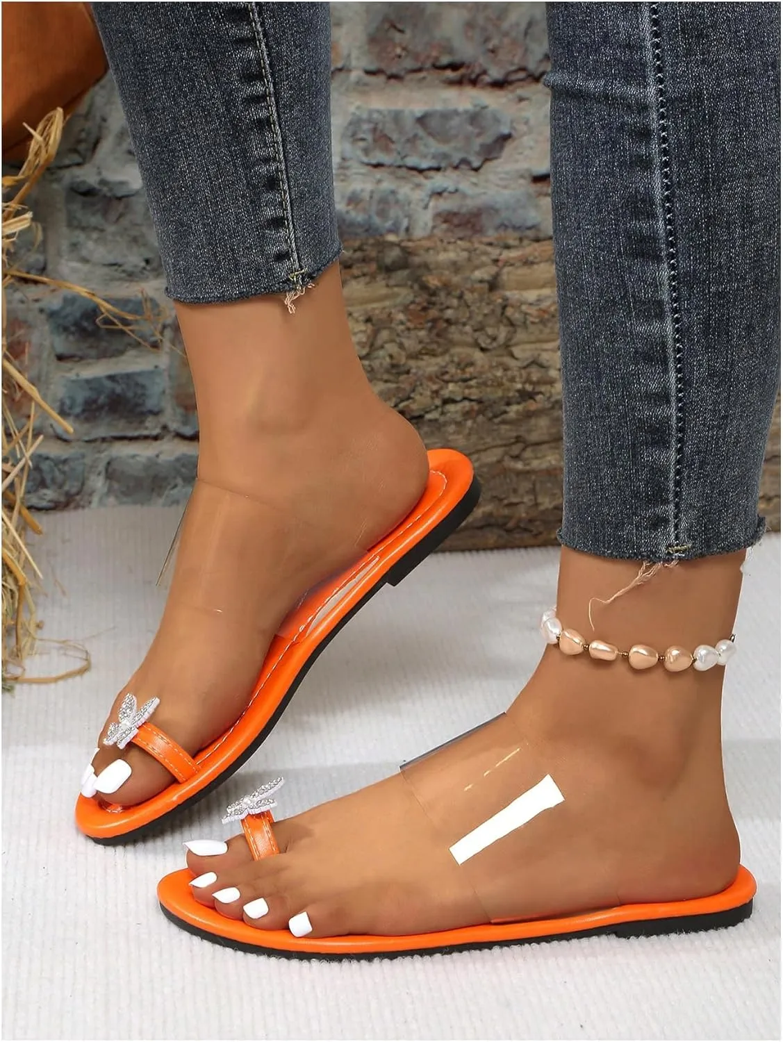 OYOANGLE Women's Bow Clear Flat Sandals Rhinestone PU Leather Open Toe Thong Slip on Dressy Slides Sandal